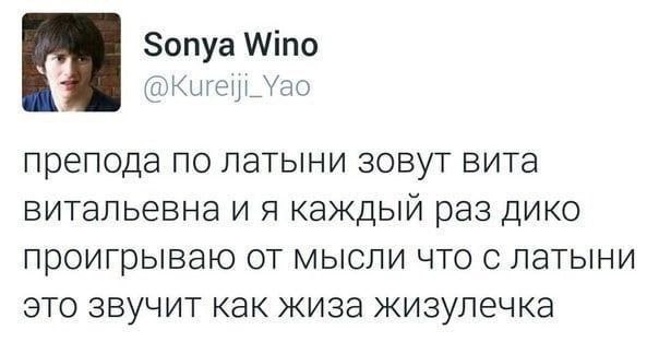 Sonya Wino @Kurelji_Yao препода по латыни зовут вита витальевна и я каждый раз дико проигрываю от мысли что с латыни эго звучит как жиза жизулечка
