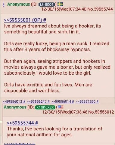 Anonymous 12/30/15(Wed)07:34:40 №.59555744 >>59555001 lve always dreamed about being а hooker, its something beautiful and sinful in it. Girls are really lucky, being a man suck. realized this after 3
