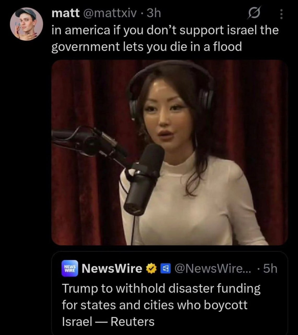 matt @mattxiv in america if you don’t support israel the government lets you die in a flood NewsWire @NewsWire... Trump to withhold disaster funding for states and cities who boycott Israel Reuters