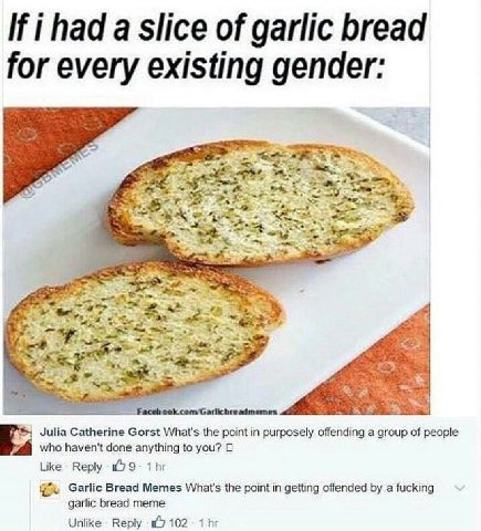 i had a slice of garlic bread for every existing gender: 3 We a Julia Gorst What's the point in purposely offending a group of people who haven't done anything to уси? 2 Like Веру Garlic Bread Memes W