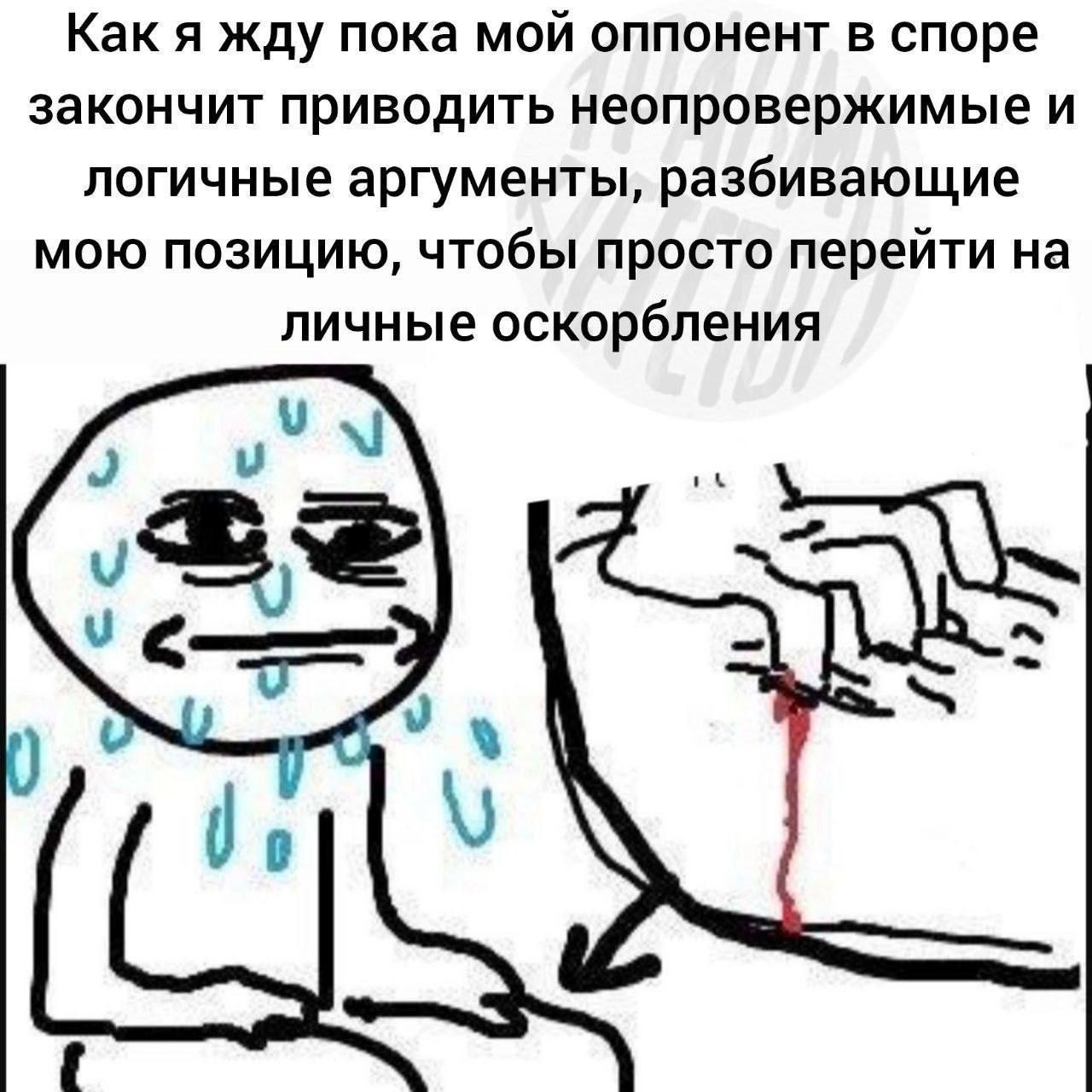 Как я жду пока мой оппонент в споре закончит приводить неопровержимые и логичные аргументы, разбивающие мою позицию, чтобы просто перейти на личные оскорбления у у