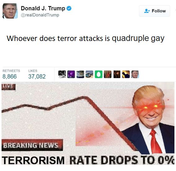 Donald Trump Follow realDonaldTrump Whoever does terror attacks is quadruple gay 37002 у TERRORISM RATE DROPS ТО 0%