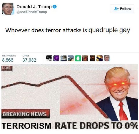 Donald Trump Follow realDonaldTrump Whoever does terror attacks is quadruple gay 37002 у TERRORISM RATE DROPS ТО 0%