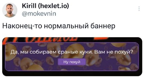 Kirill (hexlet.io) @mokevnin Наконец-то нормальный баннер Да, мы собираем сраные куки. Вам не похуй? Ну похуй
