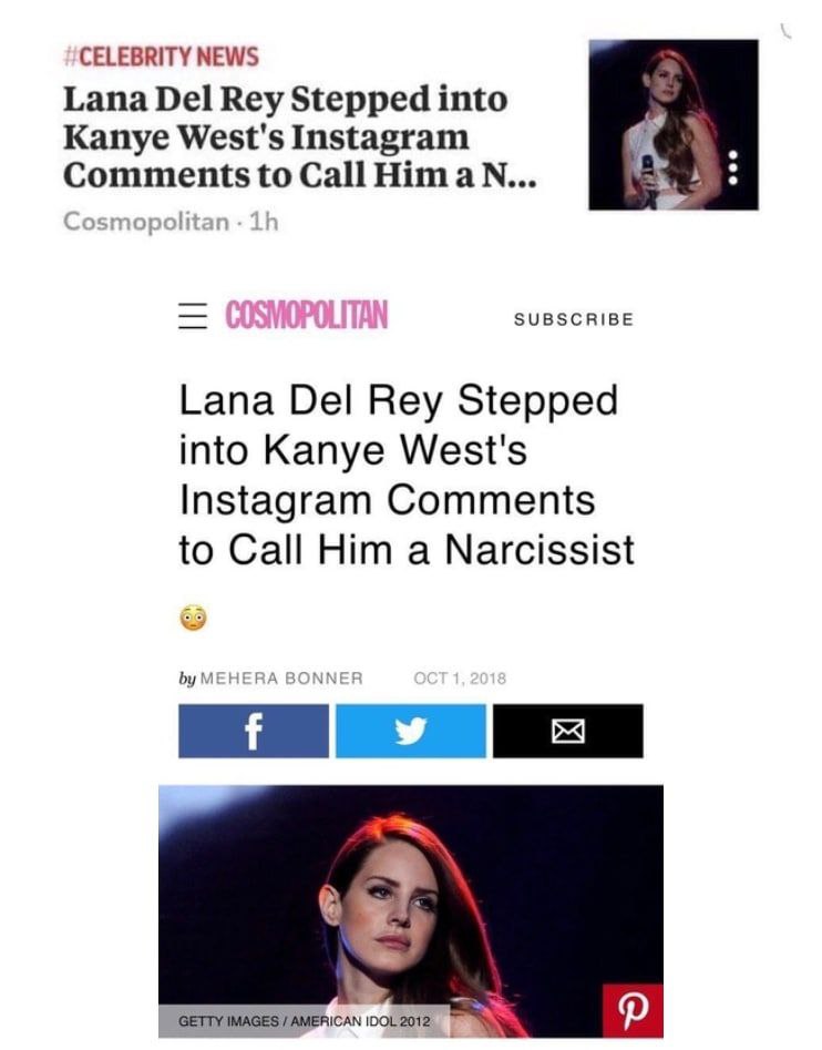 CELEBRITY NEWS Lana Del Rey Stepped into Kanye West's Instagram to Call Нипа SUBSCRIBE Lana Del Rey Stepped into Kanye West's Instagram Comments to Call Him a Narcissist BONN ME GETTY IMAGES AMERICAN 