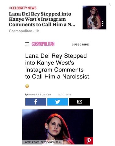 CELEBRITY NEWS Lana Del Rey Stepped into Kanye West's Instagram to Call Нипа SUBSCRIBE Lana Del Rey Stepped into Kanye West's Instagram Comments to Call Him a Narcissist BONN ME GETTY IMAGES AMERICAN 