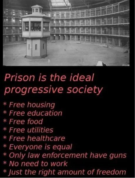 Prison is the ideal progressive society Free housing Free education Free food Free utilities Free healthcare Everyone is equal Only law enforcement have guns No need to work Just the right amount of f