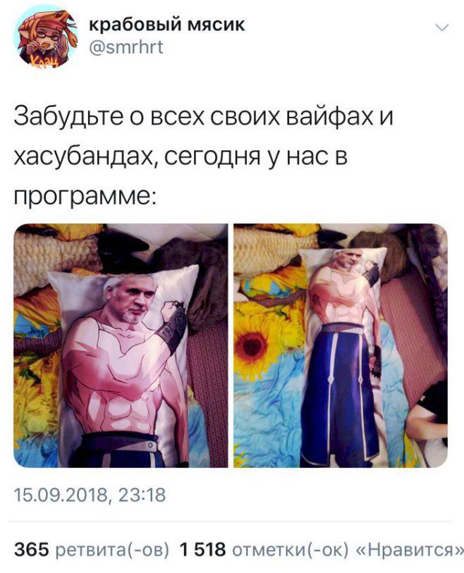 крабовый мясик @smrhrt Забудьте о всех своих вайфах и хасубандах, сегодня у нас в программе: а С 15.09.2018, 23:18 365 ретвита(-ов) 1 518 отметки(-ок) «Нравится»