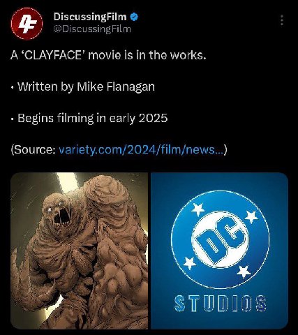 DiscussingFilm @DiscussingFilm A ‘CLAYFACE’ movie is in the works Written Mike Flanagan Begins filming in early 2025 (Source: variety.com/2024/film/news...) STU DIOS