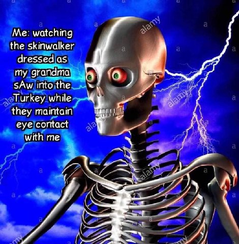 Me: watching the skinwalker dressed as my grandma sAw into the у Turkey while they maintain eye cortact with me