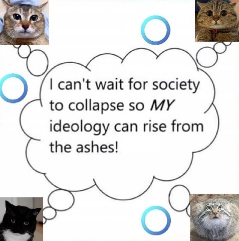can't wait for society to collapse so MY ideology can rise from the ashes!