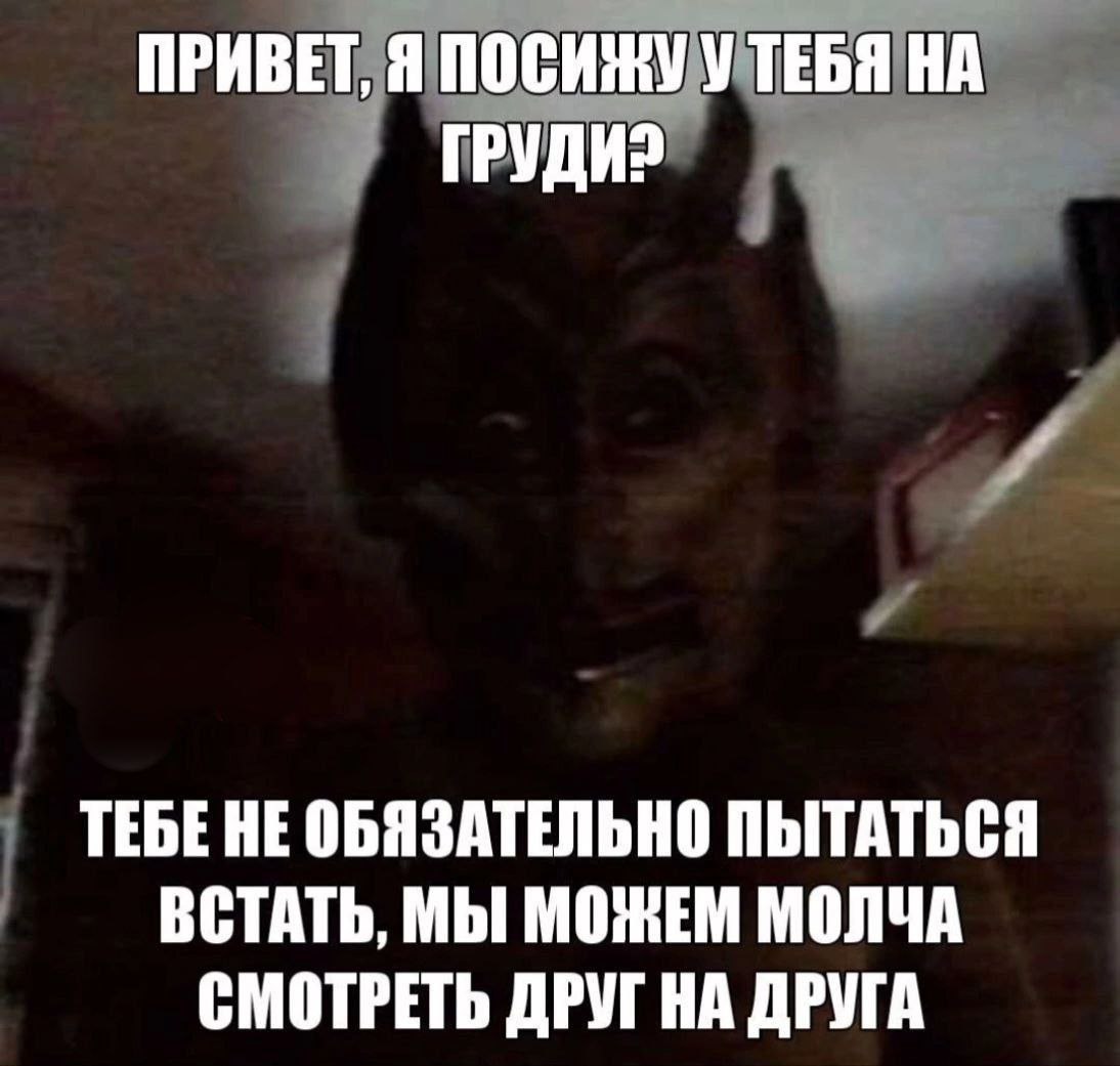 ПРИВЕТ, Я ПОСИЖУ У ТЕБЯ НА ГРУДИ? ТЕБЕ HE ОБЯЗАТЕЛЬНО ПЫТАТЬСЯ ВСТАТЬ, МЫ МОЖЕМ МОЛЧА СМОТРЕТЬ ДРУГ НА ДРУГА
