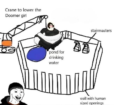 Crane to lower the Doomer girl stairmasters pond for drinking water rey wall with human sized openings