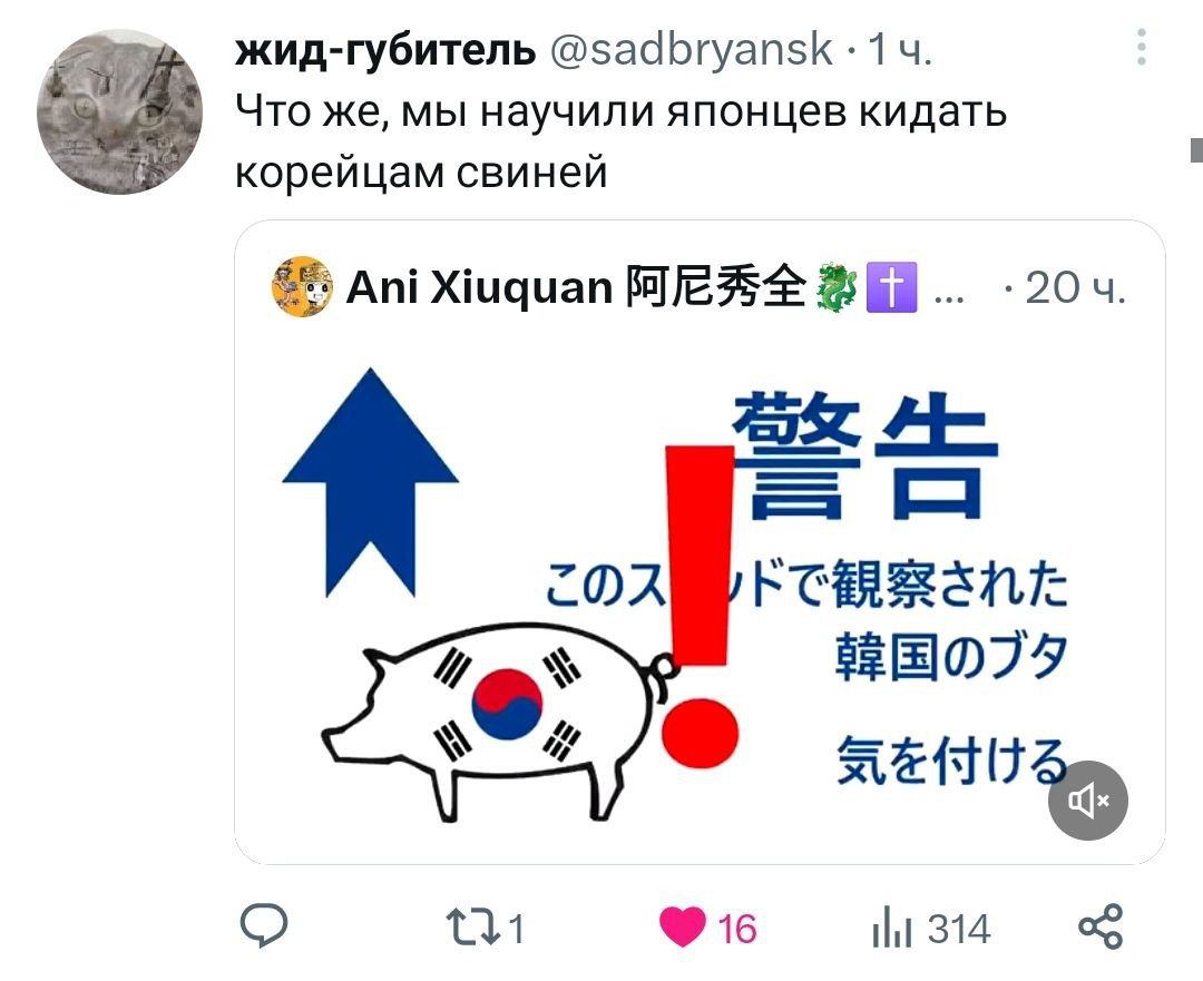 жид-губитель @sadbryansk Что же, мы научили японцев кидать корейцам свиней Ani Xiuquan 16 Ни 314
