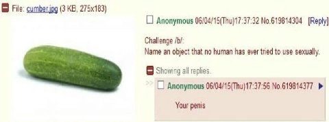 File: (3 Anonymous 06/04/15(Thu)17:37:32 No.619814304 [Reply] Challenge Name an object that no human has ever tried to use sexually. Showing all replies Anonymous 06/04/15(Thu)17:37:56 No.619814377 Yo
