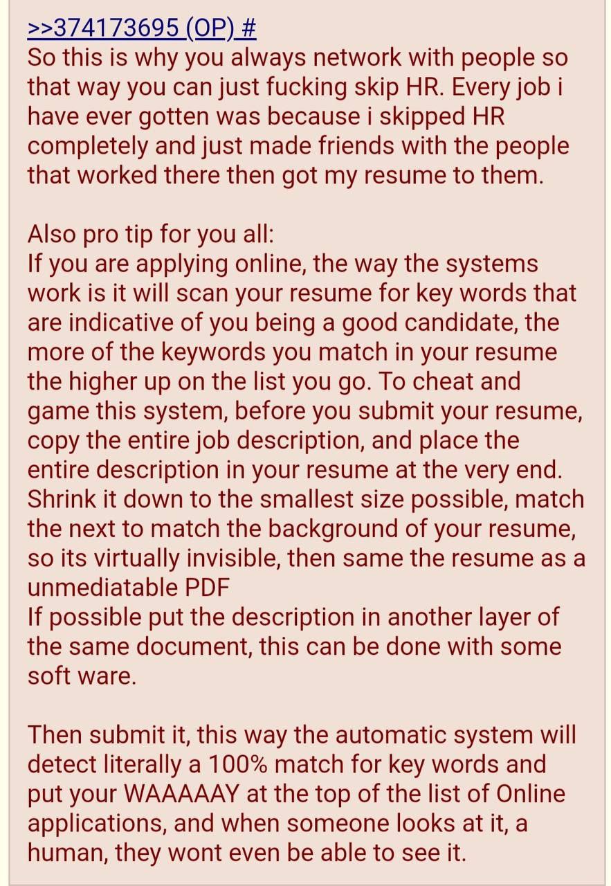>>374173695 So this is why you always network with people so that way you can just fucking skip Every job have ever gotten was because i skipped completely and just made friends with the people that w