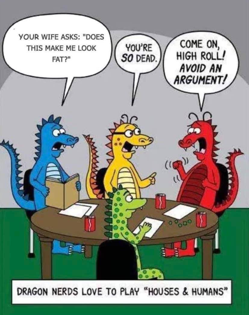 WIFE ASKS: "DOES THIS MAKE ME LOOK youre COME ON, FAT?" HIGH AVOID ARGUMENT/ DRAGON NERDS LOVE TO PLAY “HOUSES HUMANS”