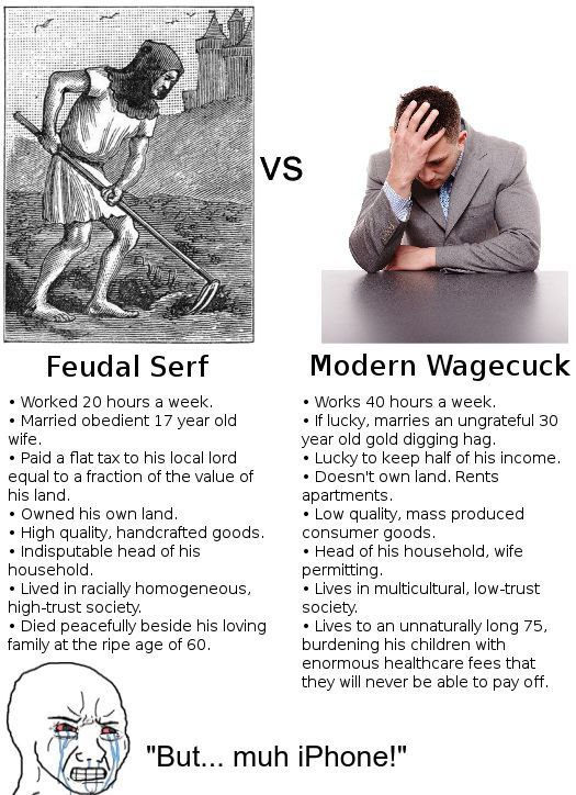 Feudal Serf Modern Wagecuck Worked 20 hours а week. Works 40 hours a week, Married obedient 17 year old If lucky, marries an ungrateful 30 wife. year old gold digging hag. Paid a flat tax to his local