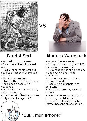 Feudal Serf Modern Wagecuck Worked 20 hours а week. Works 40 hours a week, Married obedient 17 year old If lucky, marries an ungrateful 30 wife. year old gold digging hag. Paid a flat tax to his local