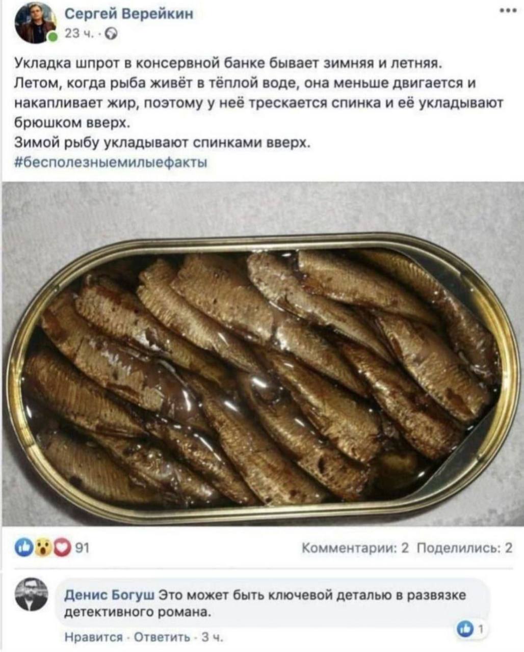 Сергей Верейкин Укладка шпрот в консервной банке бывает зимняя и летняя. Летом, когда рыба живёт в тёплой воде, она меньше двигается и накапливает жир, поэтому у неё трескается спинка и её укладывают 
