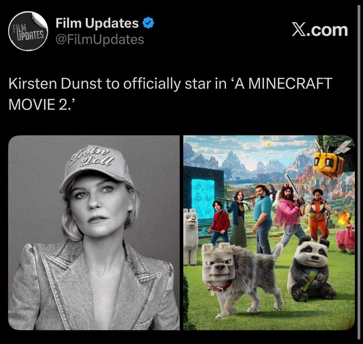 Х.сот Film Updates Kirsten Dunst to officially star in ‘A MINECRAFT MOVIE 2.’