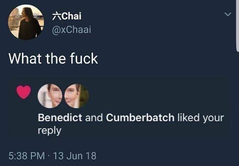 a У @xChaai What the fuck Benedict and Cumberbatch liked your reply 5:38 13 Jun 18