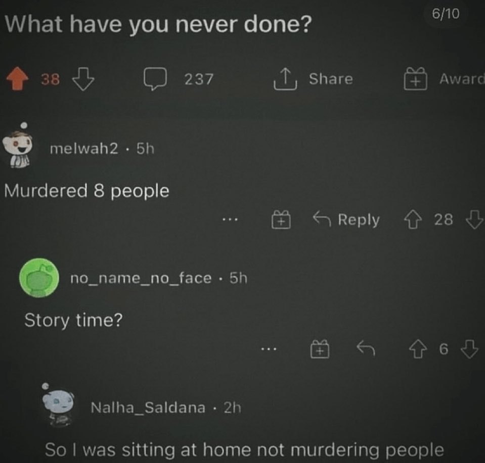 6/10 What have you never done? 237 Share Awarc melwah2 Murdered 8 people Reply 28 no_name_no_face Story time? 6 2 Nalha_Saldana So was sitting at home not murdering people