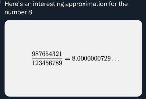 Here's an interesting approximation for the number 8 987654321 8.0000000729... 123456789