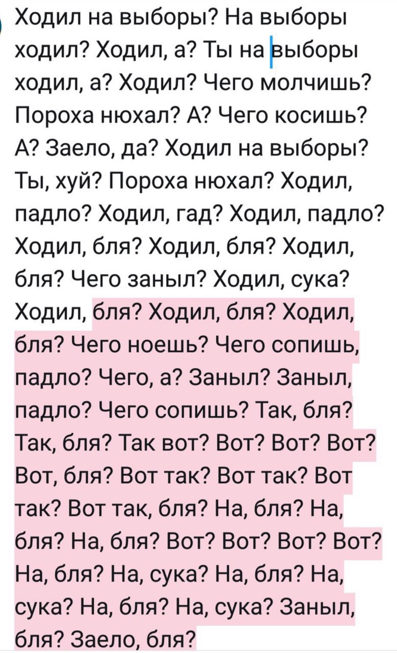 Ходил на выборы? На выборы ходил? Ходил, а? Ты на выборы ходил, а? Ходил? Чего молчишь? Пороха нюхал? А? Чего косишь? А? Заело, да? Ходил на выборы? Ты, хуй? Пороха нюхал? Ходил, падло? Ходил, гад? Хо
