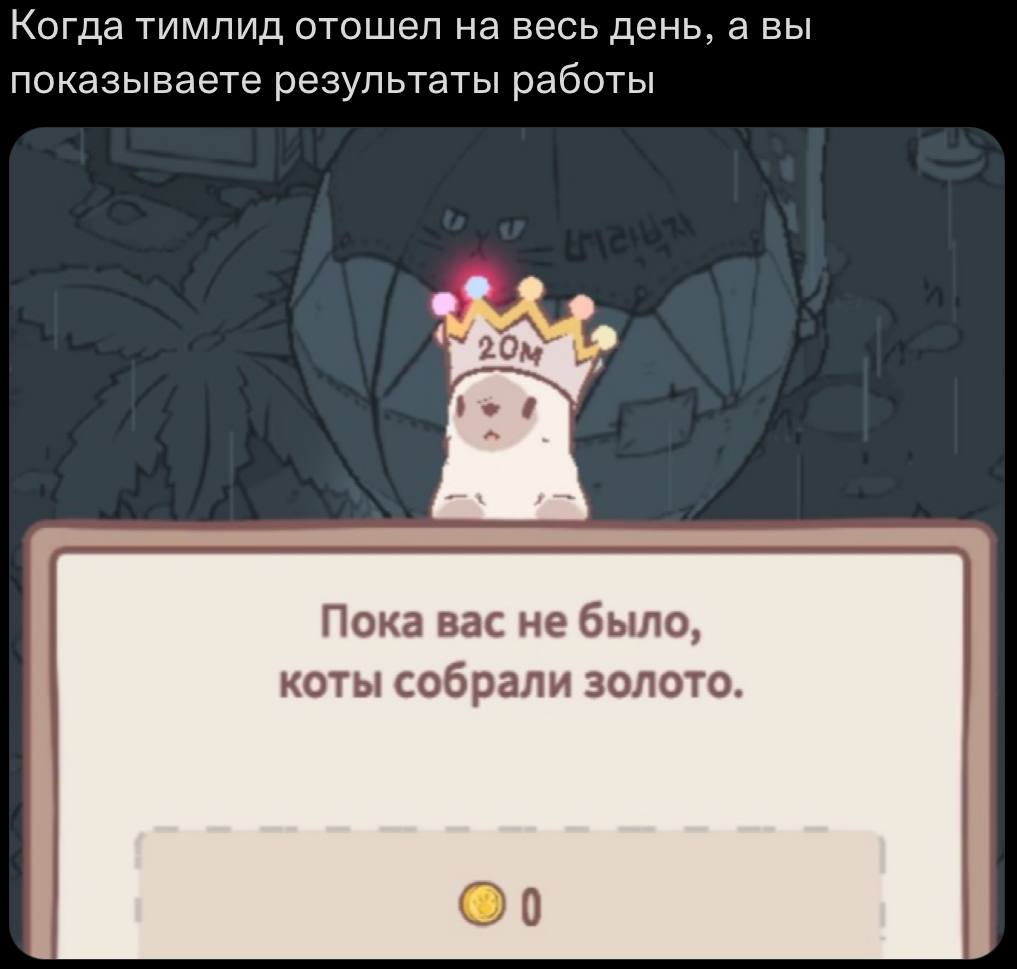 Когда тимлид отошел на весь день, а вы показываете результаты работы Пока Bac He было, коты собрали золото.