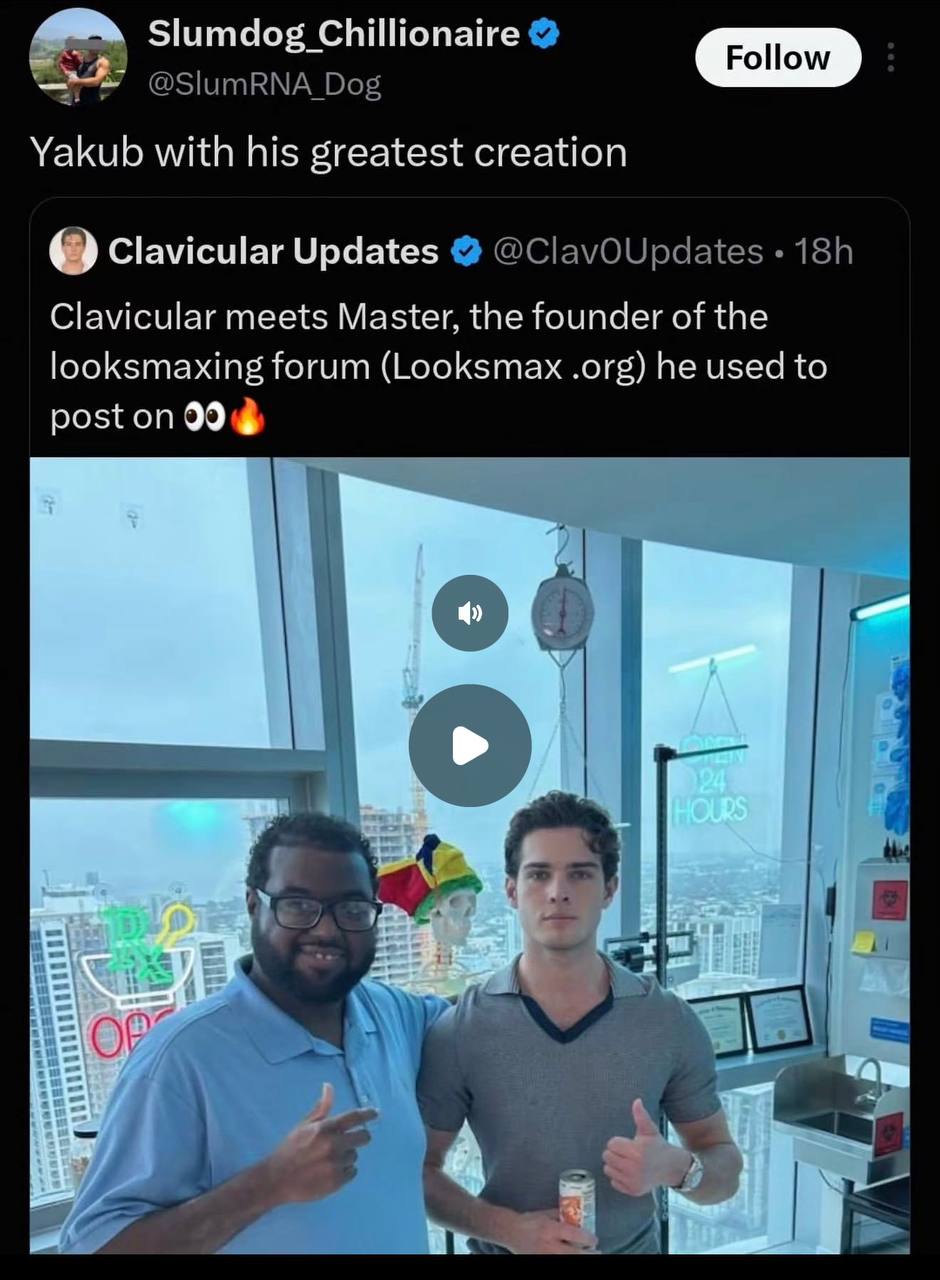 Slumdog Chillionaire Yakub with his greatest creation Clavicular Updates Clavicular meets Master, the founder of the looksmaxing forum (Looksmax .org) he used to розфоп 99 3