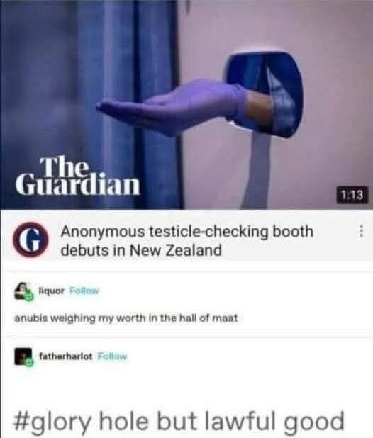 Guardian Anonymous testicle-checking booth debuts in New Zealand anubis weighing my worth in the hall of maat fatherharlot #glory hole but lawful good