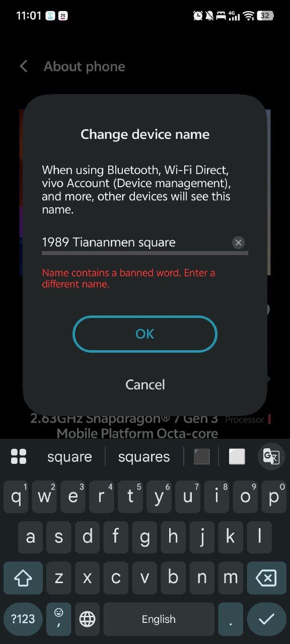 11:01 2 Change device name When using Bluetooth, Wi-Fi Direct, vivo Account (Device management), and more, other devices will see this name. 1989 Tiananmen square пес Cancel square squares а у’ о’ К b