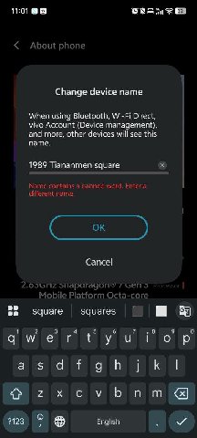 11:01 2 Change device name When using Bluetooth, Wi-Fi Direct, vivo Account (Device management), and more, other devices will see this name. 1989 Tiananmen square пес Cancel square squares а у’ о’ К b