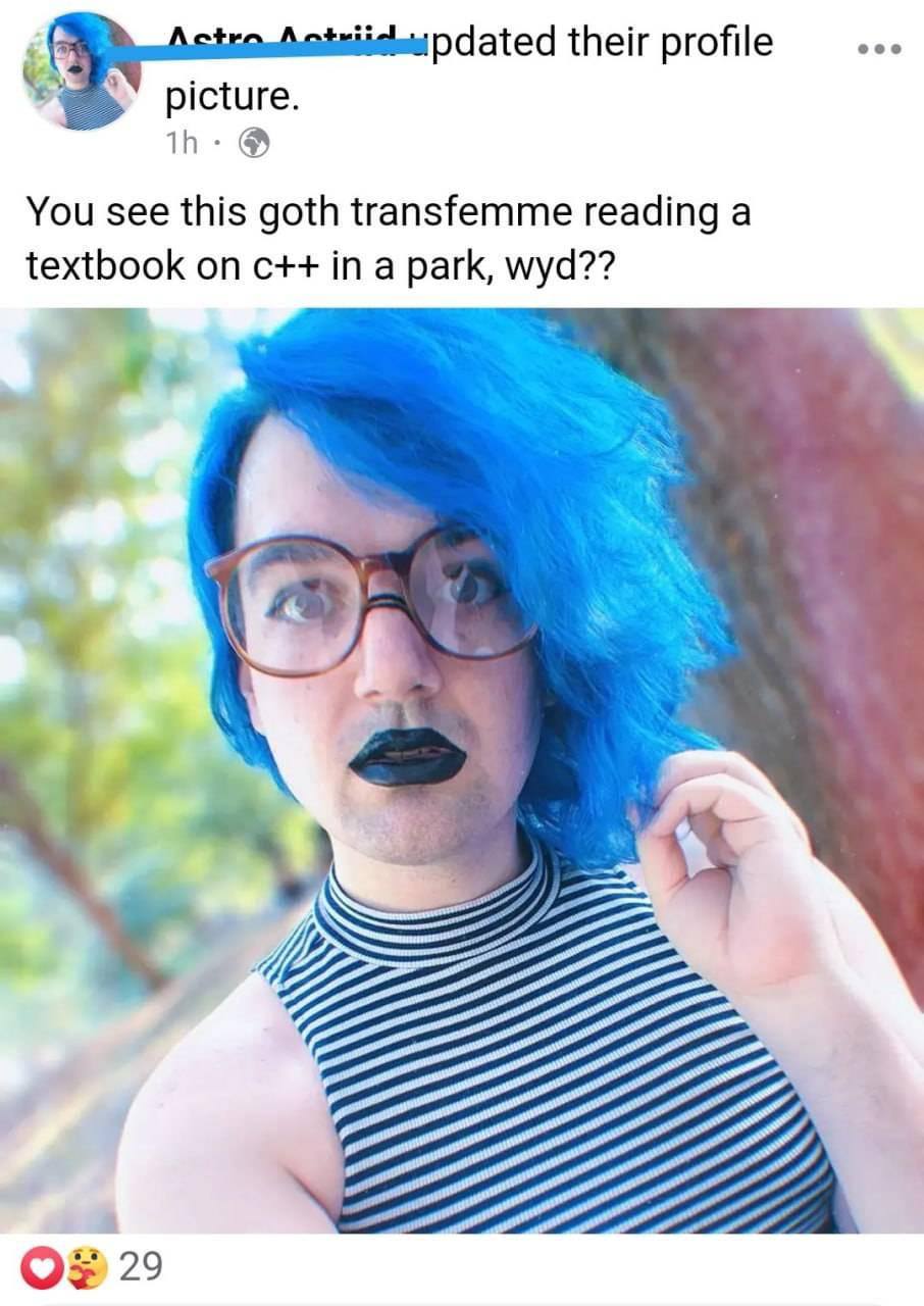 Pat their profile picture. You see this goth transfemme reading a textbook on in a park, wyd?? a 29