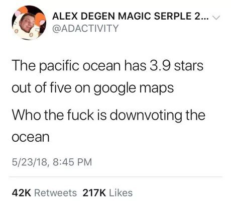 ALEX DEGEN MAGIC SERPLE 2... @ADACTIVITY The pacific ocean has 3.9 stars out of five on google maps Who the fuck is downvoting the ocean 5/23/18, 8:45 Retweets Likes