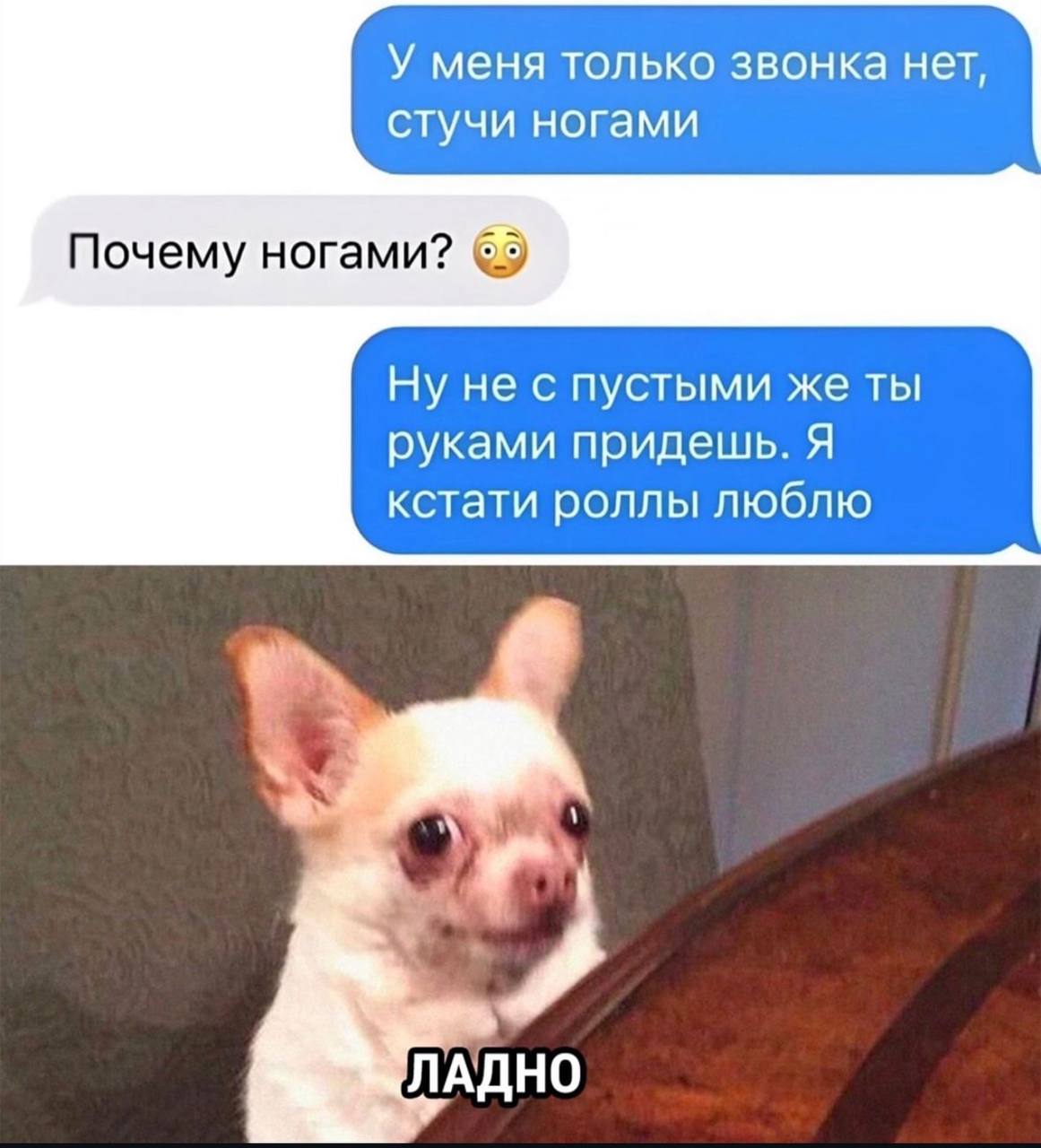 У меня только звонка нет, стучи ногами Почему ногами? Ну не с пустыми же ты руками придешь. Я кстати роллы люблю ЛАДНО
