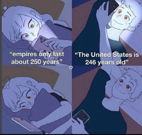 “empires only last “The United States is about 250 years” 246 years old”