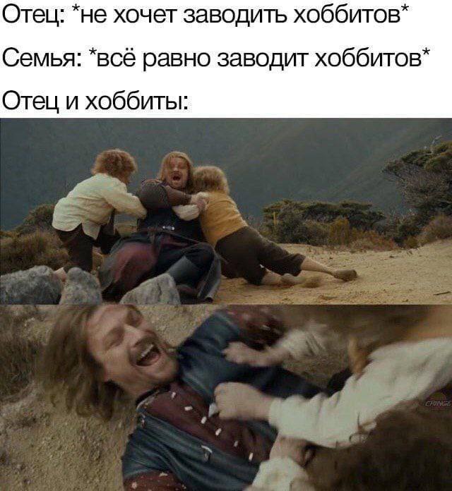 Отец: *не хочет заводить хоббитов* Семья: *всё равно заводит хоббитов* Отец и хоббиты: