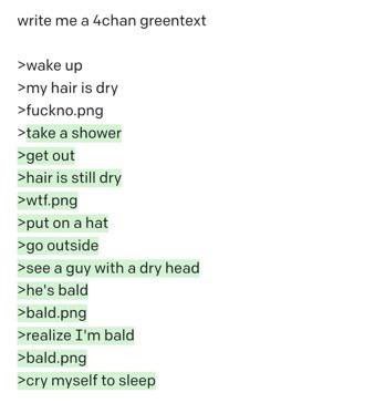 write me a 4chan greentext >wake up >my hair is dry >fuckno.png >take a shower >get out >hair is still dry >wtf.png >put on a hat outside >see a guy with a dry head >he's bald >bald.png >realize bald 