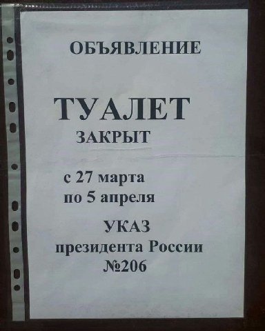 ОБЪЯВЛЕНИЕ ТУАЛЕТ ЗАКРЫТ с 27 марта по 5 апреля О УКАЗ президента России №206