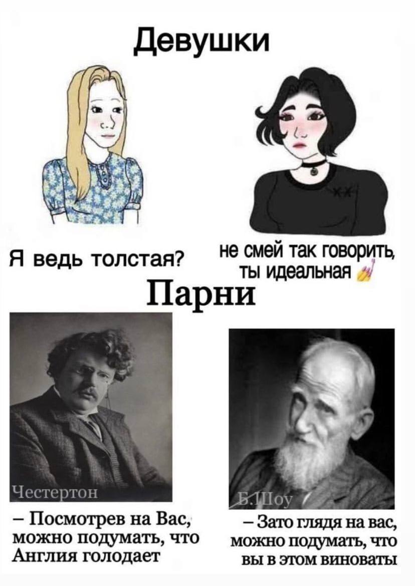 Девушки Я ведь толстая? не смей так говорить, ты идеальная Парни Посмотрев на Bac, Зато глядя на вас, можно подумать, что можно подумать, что Англия голодает вы в этом виноваты