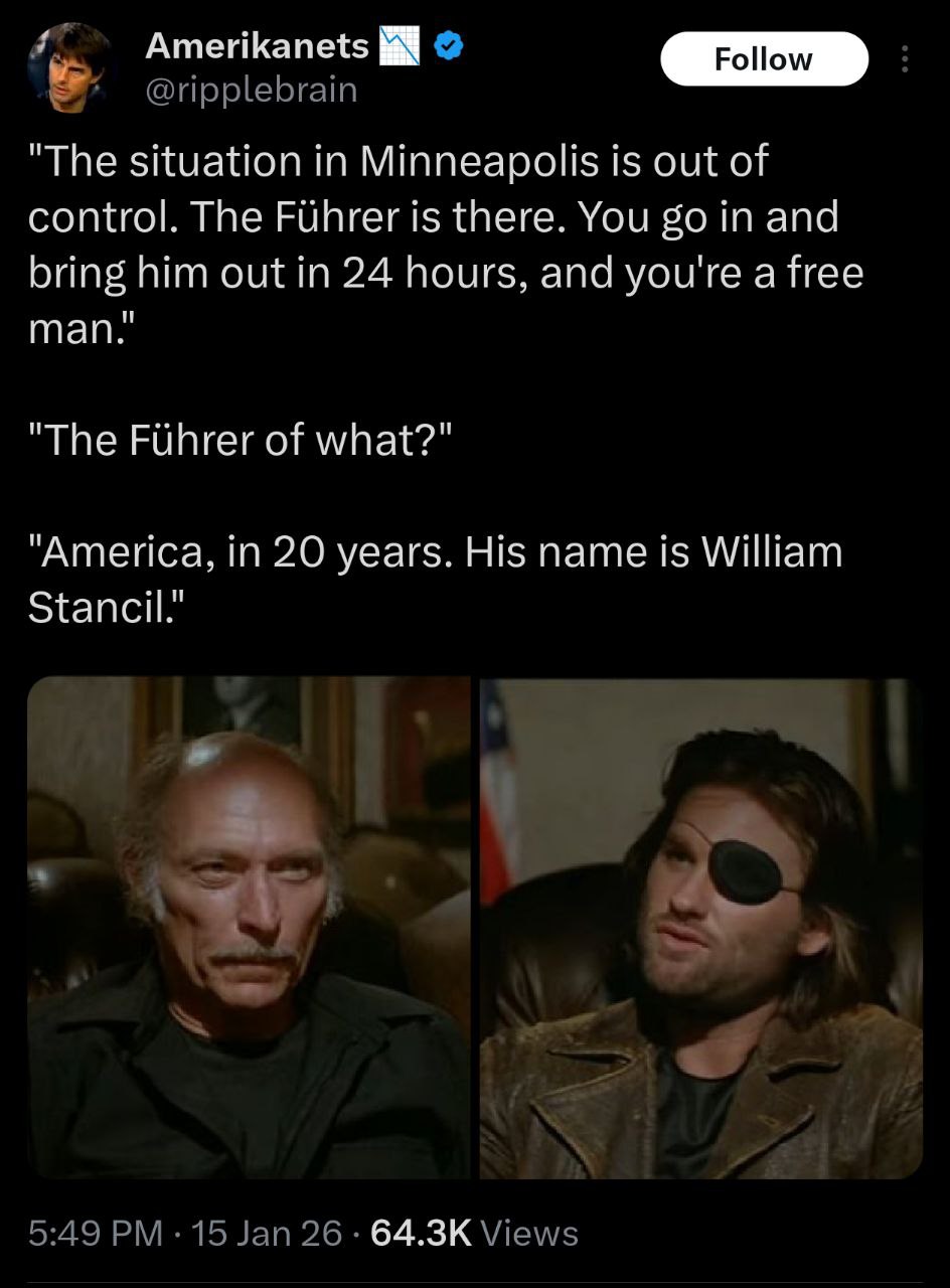 Amerikanets "The situation in Minneapolis is out of control. The Fuhrer is there. You in and bring him out in 24 hours, and you're a free пан." "Тре Fuhrer of what?" “America, in 20 years. His name is
