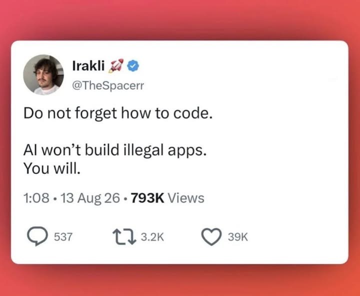 lrakli 2 @TheSpacerr not forget how to code. build illegal apps. You will. 1:08 13 Aug 26 Views 537 зэк