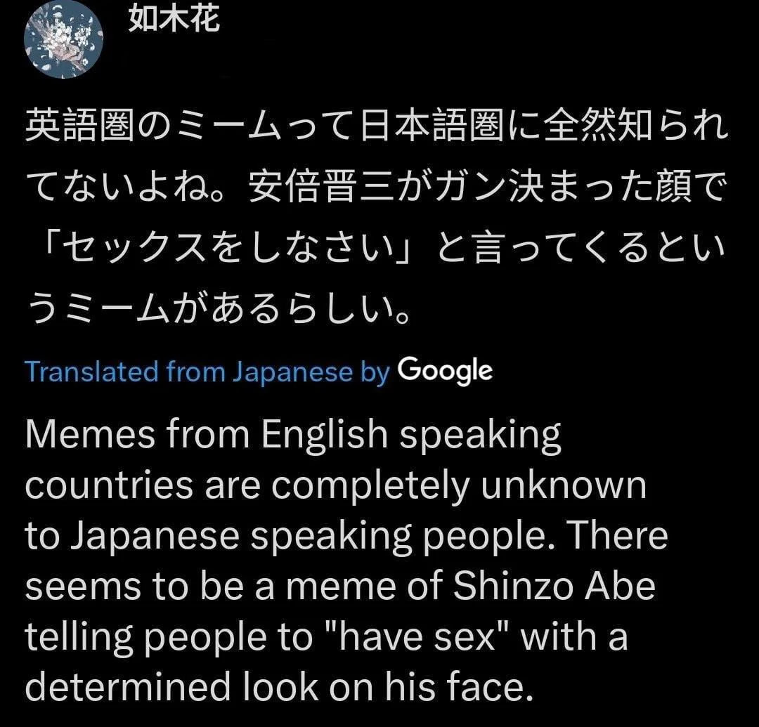 Translated from Japanese Google Memes from English speaking countries are completely unknown to Japanese speaking people. There seems to be a meme of Shinzo Abe telling people to "have sex" witha dete