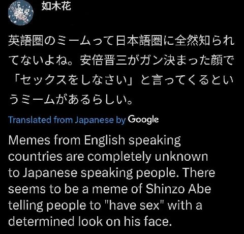 Translated from Japanese Google Memes from English speaking countries are completely unknown to Japanese speaking people. There seems to be a meme of Shinzo Abe telling people to "have sex" witha dete