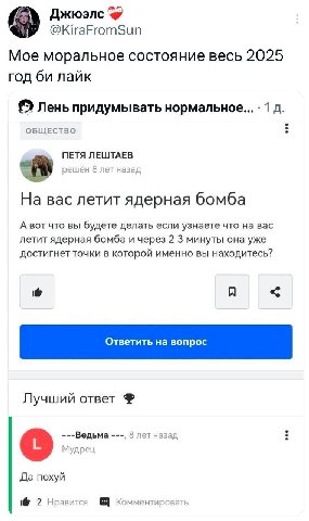 @KiraFromSun Мое моральное состояние весь 2025 год лайк Лень придумывать нормальное... 1 ОБЩЕСТВО ПЕТЯ ЛЕШТАЕВ 8 лет назад На вас летит ядерная бомба А вот что вы будете делать если узнаете что на вас