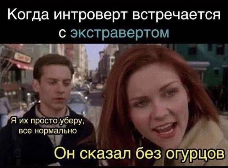 Когда интроверт встречается С Я просто уберу. все нормально Он сказал без огурцов
