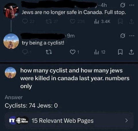 Jews are no longer safe in Canada. Full stop. try being NOW many cyclist and how many jews меге killed in canada last year. numbers only Cyclists: 74 Jews: О 15 Relevant Web Pages