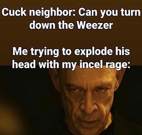 Cuck neighbor: Can you turn down the Weezer Me trying to explode his head with my incel rage: